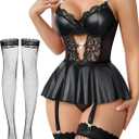 Lilosy Sexy Stocking Rhinestones Heart Garter Underwire Floral Mesh lace Sheer Babydoll Lingerie Teddy Bodysuit Skirt Set (XX-Large, Leather Black)