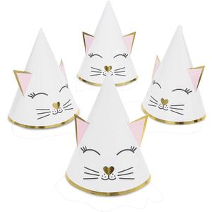 Sparkle and Bash Cat Birthday Decorations Party Hats - 24 Pack, White & Pink, 4.5 x 7 in Adjustable Cone Hats - Cat Themed Birthday Party Decorations for Kids & Adults
