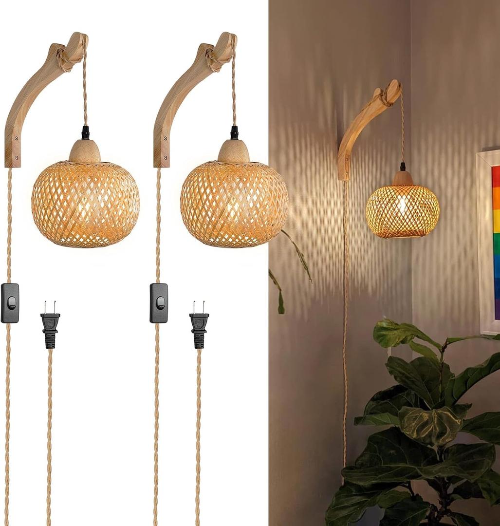 Frideko Bamboo Wall Sconces Set of Two Plug in, Boho Wall Lamp with Plug in Cord, Farmhouse Wall Light Fixtures with 9.84FT On/Off Switch Cord, Rattan Sconces Wall Lighting for Bedroom Living Room (Orange(2PC))