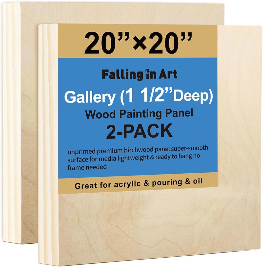 Falling in Art 2 Pack Unfinished Wooden Canvas Panels, 20x20 Gallery Birch Wood Panels Kit, 1 1/2" Deep Art Cradle Boards for Acrylic Painting, Pouring and Burning