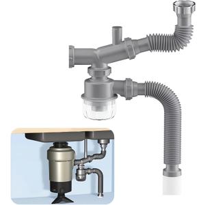 Garbage Disposal Drain Kit, Kitchen Sink P-Trap 1 1/2, Space Saving, Visible, Clog Resistant, Odor Resistant, Easy to Clean Double Sink Drain