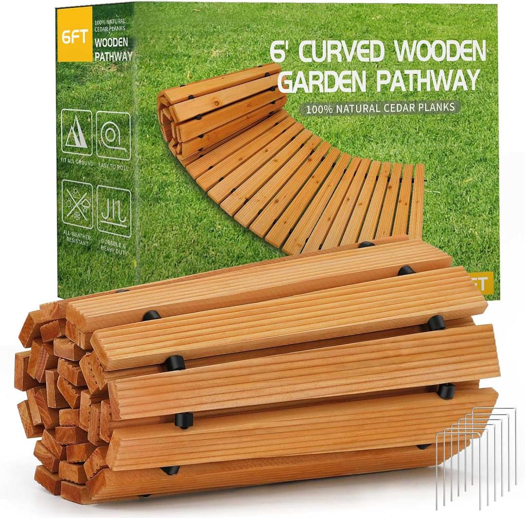 RELIANCER 6' Wooden Garden Pathway,Outdoor Roll Out Cedar Curved Walkway,Patio Path Decorative Garden Boardwalk Walkways,Weather-Resistant Roll Up Beach Wood Road Floor,Wedding Party Pathways, 144 x 17 x 0.1 inches