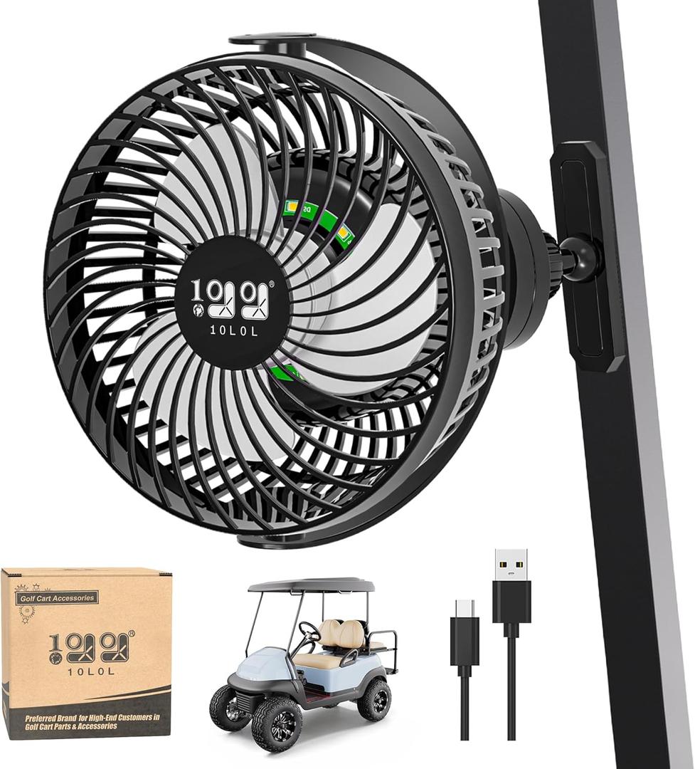 Magnetic Fans for EZGO Club Car Yamaha Golf Carts, Low Noise, 3-Speed Settings 360° Rotatable with Magnetic Mount Base, 8000mAh Large Battery (Black)