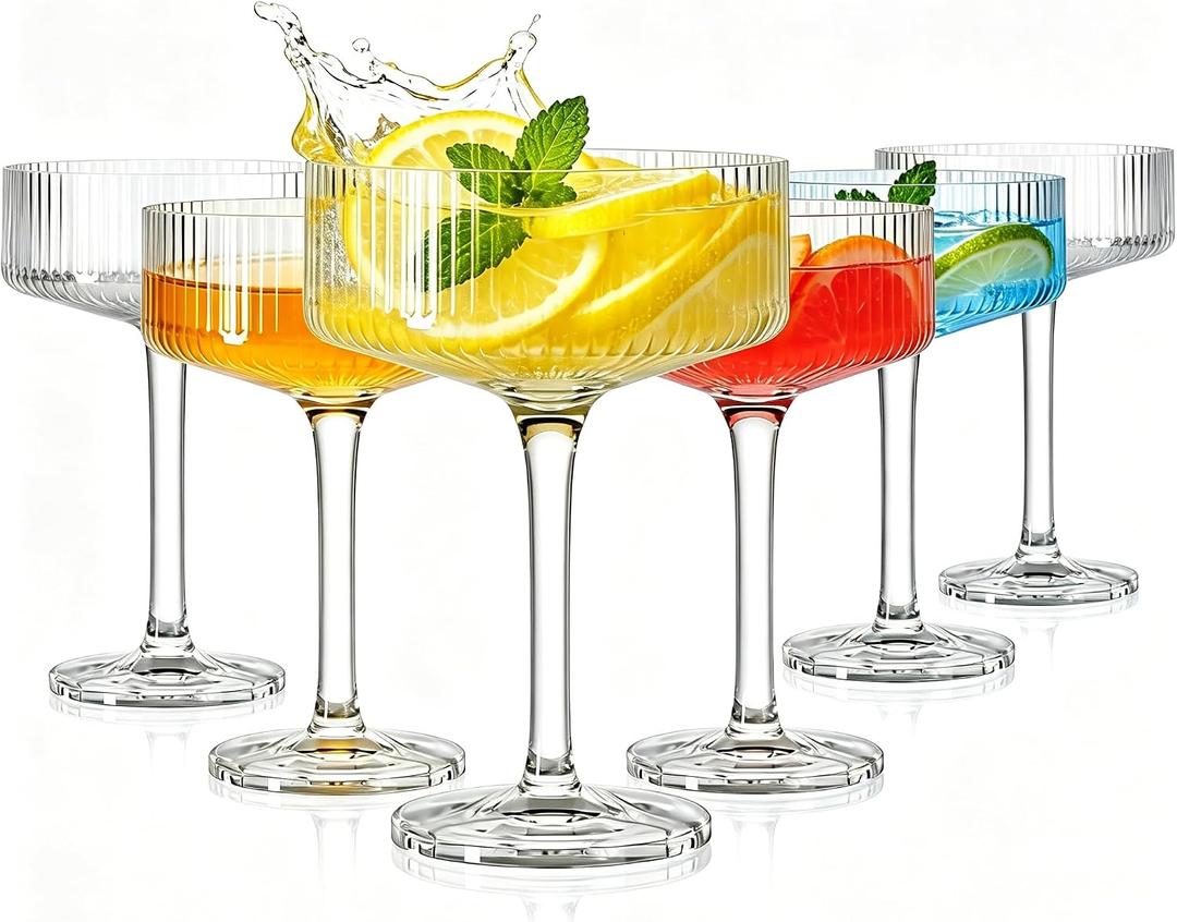 Plastic Coupe Glasses Set of 6, 10oz Ribbed Martini Glasses, Unique Cocktail Glass for Espresso Martini, Whiskey, Margarita, Home Bar, Parties, Weddings & Gift