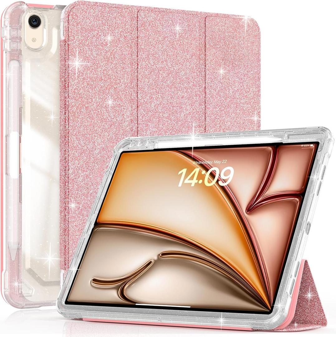 Glitter Case for iPad Air 13" M3/M2 (2025/2024),Screen Protector with Pencil Holder,Sparkle Glitter Leather Trifold Stand Magnetic Smart Cover, Shiny Clear TPU Back for Women & Girl, Rosegold