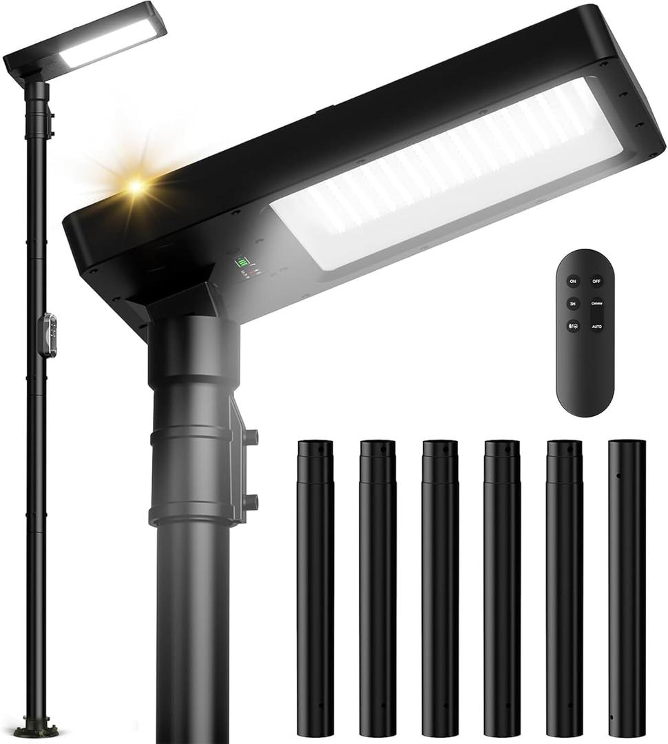 100" Outdoor Solar Lamp Post Lights with Pole & Remote, Black, 100 inch with Die-Cast Base