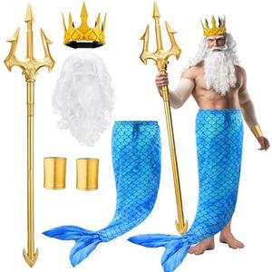 Tellingyou 6 Pcs Halloween Poseidon Costume Set Merman Sea Costume Neptune God of the Sea Cosplay for Men Adults Size Medium