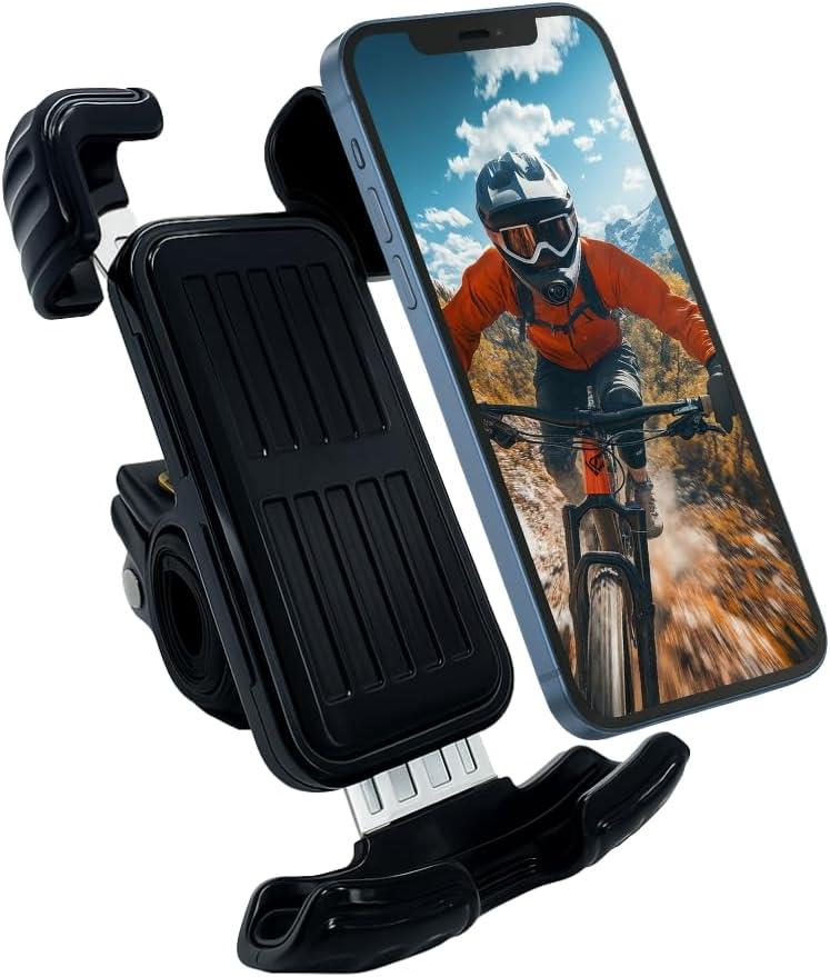 Bike Phone Holder, Phone Holder for Bike, Phone Holder Handlebar, Phone Mount, 360° Handlebar Mount with Secure Lock, Anti-Vibration Pads, Quick-Release Clamp, Fits 4.7″–6.8″ Smartphones