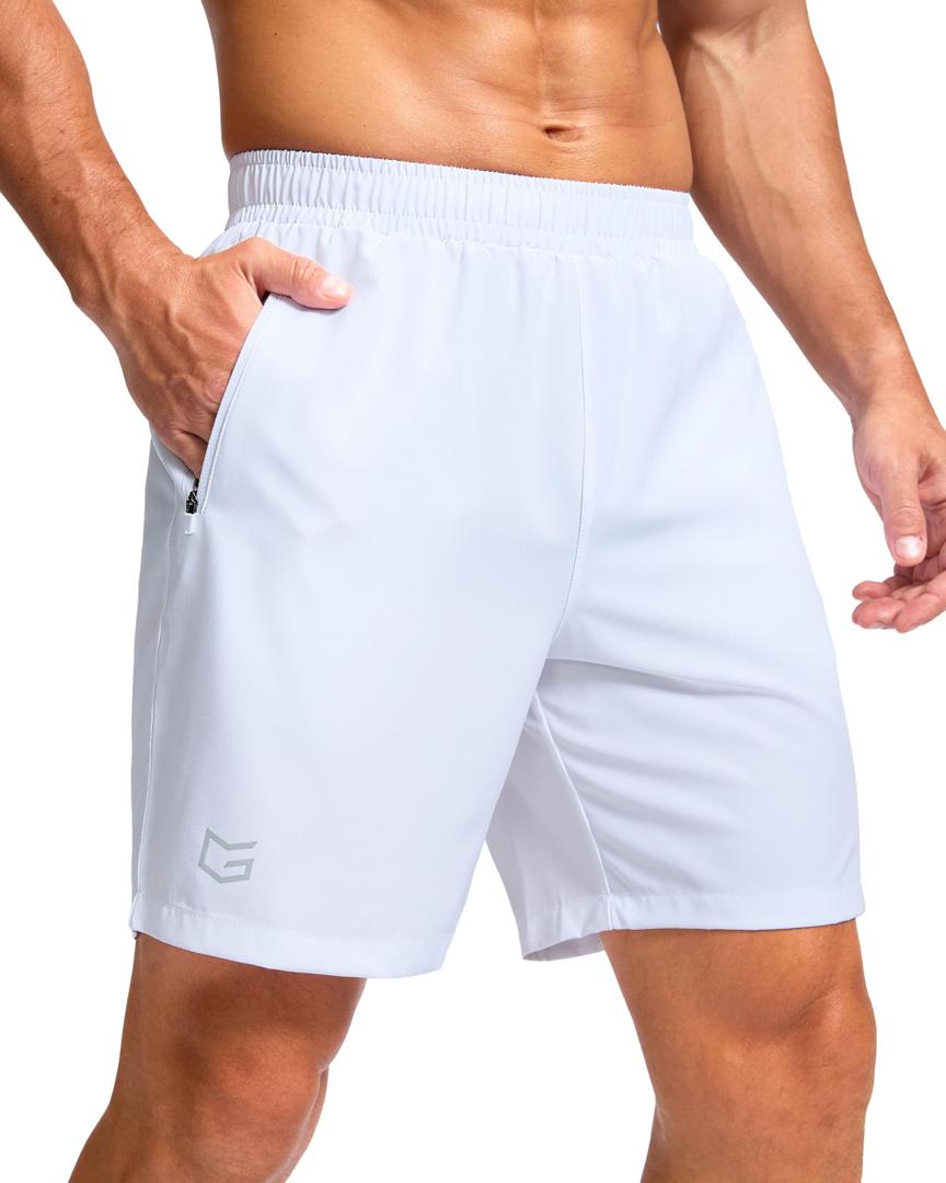 G Gradual Men's Athletic Running Shorts with Zipper Pockets Quick Dry 7"/ 5"/ 9" Workout Gym Shorts for Basketball Hiking(White,7L)