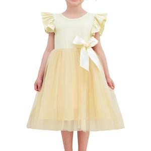 Girls Casual Tulle Tutu Dress Baby Toddler Ruffle Sleeves Bow Princess Party Dresses (5T, Apricot)