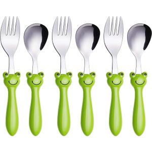 ANNOVA Kids Silverware 6 Pieces Set Children's Flatware - Stainless Steel Cutlery - 3 x Safe Forks, 3 x Dinner Spoons - Safe Toddler Utensils Without Knives for Lunch Box BPA Free (Frog x 6 PCS)