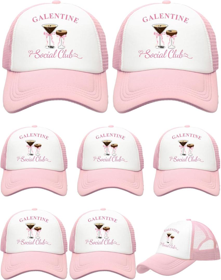 Suhine 8 Pack Galentine Trucker Hats for Women Valentine's Day Social Club Cap for Bestie Friends Galentine Gang Caps Valentine Sleepover Party Favors Goodie Bag Stuffers