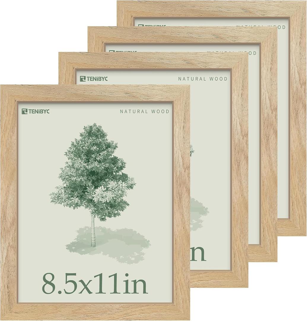 8.5 by 11 Picture Frame Wood Set - 4 Pack, Natural Solid Wood, HD Tempered Glass, Elegant Wood Grain Photo Frame, Table or Wall Display, 8.5x11