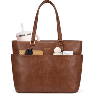 LOVEVOOK Work Tote Bags for Women, Vintage Leather 15.6 Inch Laptop Bag with Large Cup Holder, Teacher Nurse Medical Professional Computer Bag, Office Briefcase Handbag Gift