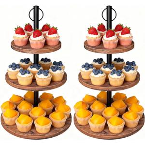 Cupcake Stand, 2 Pack Rustic Wood Cake Stand, 3 Tier Cupcake Tower Round Tiered Tray Stand for Dessert Table Display, Industrial Wooden Serving Stand Wedding, Graduation and Baby Shower