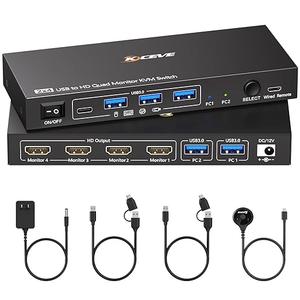 Quad Monitor KVM Switch 4 Monitors 2 Computers 1080P@60Hz,USB 3.0 KVM Switch Quad Monitor for 2 PC Share 4 Monitors and 4 USB Device,with Wired Remote and 2 USB Cables,Driver Installation is Required
