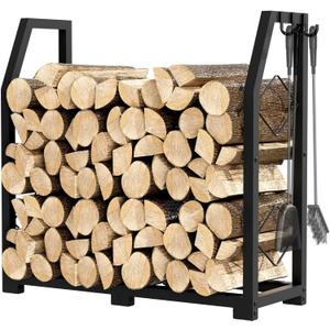Firewood Rack for Outdoor, Firewood Holder with 3 Hanging Hooks, Heavy Duty Wood Rack for Indoor Outdoor Patio, Black