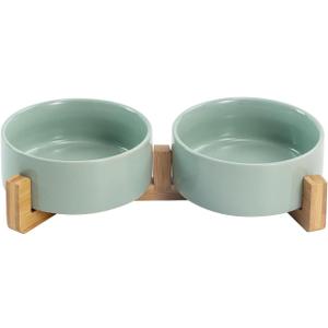 SPUNKYJUNKY Ceramic Dog and Cat Bowl Set with Wooden Stand, Modern Cute Weighted Food Water Set for Small Size Dogs (13.5OZ) & Medium Sized Dogs (28.7OZ) & Cats (1.7 Cups, 2  Light Green)