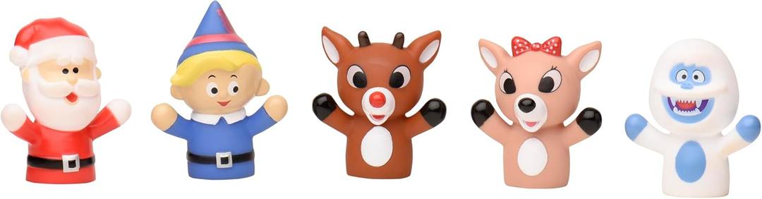 5 Piece Christmas Finger Puppets for Toddlers and Kids, Rudolph The Red-Nosed Reindeer, Santa, Clarice, Hermey, and The Abominable Snowman, Bath Toy, Red