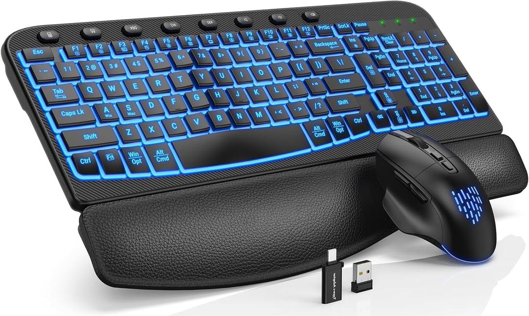 SABLUTE Wireless Keyboard and Mouse Combo Ergonomic - MA12Pro Wave Keyboard with Leather Wrist Rest for Comfortable Typing, RGB Backlit Rechargeable for Windows, Mac, PC, Laptop (Black)