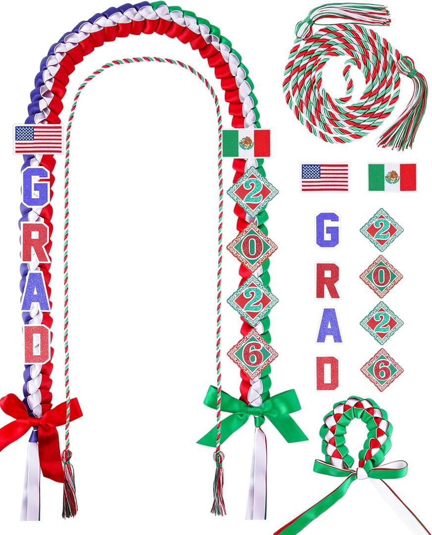 Mexican American Graduation Lei, Class of 2026 Ribbon Lei with Honors Cord and Wristband, USA Mexico Graduation Leis Accessories for Grads, Congrats Gifts for High School College