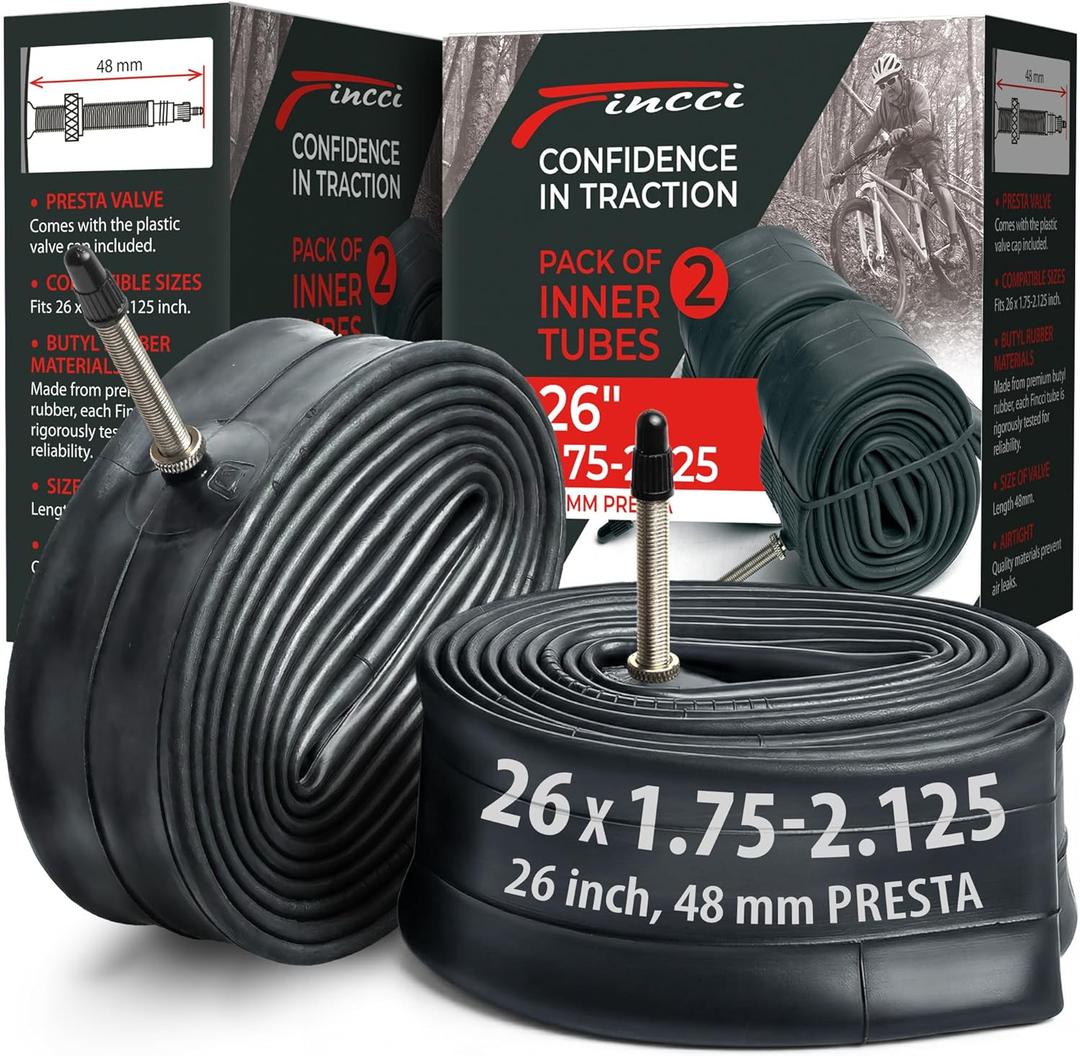 Fincci Pair 26 Inch Bike Tube with Presta Valve Durable Bike Tire Tubes 26x1.75/1.95/2.0/2.1/2.125 Value Pack, Reliable Air Retention and Esy to Instll 2X Tubes for MTB, Road and Cruiser Bikes