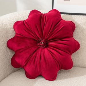 Flower Pillow Cushion Round Decorative Throw Pillow 15.7 Velvet Flower Shaped Pillow for Sofa Couch Vanity Chair Bed (Red)