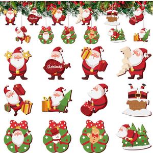 Alupssuc 24pcs Santa Clause Ornaments Bulk for Christmas Tree, Assorted Wooden Santa Decorations, Hanging Xmas Holiday Decor Home Indoors, 3 Inch Tall