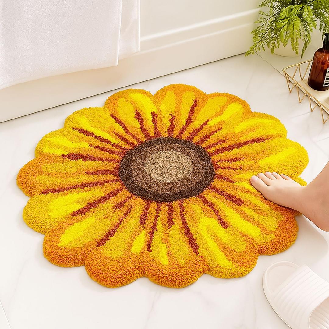 Sunflower Rug Mat, Floral Non-Slip Bathroom Floor Mat, Soft Microfiber Washable Carpet for Bedroom, Kitchen, Living Room, Yellow Flower Area Rug, Fast Drying