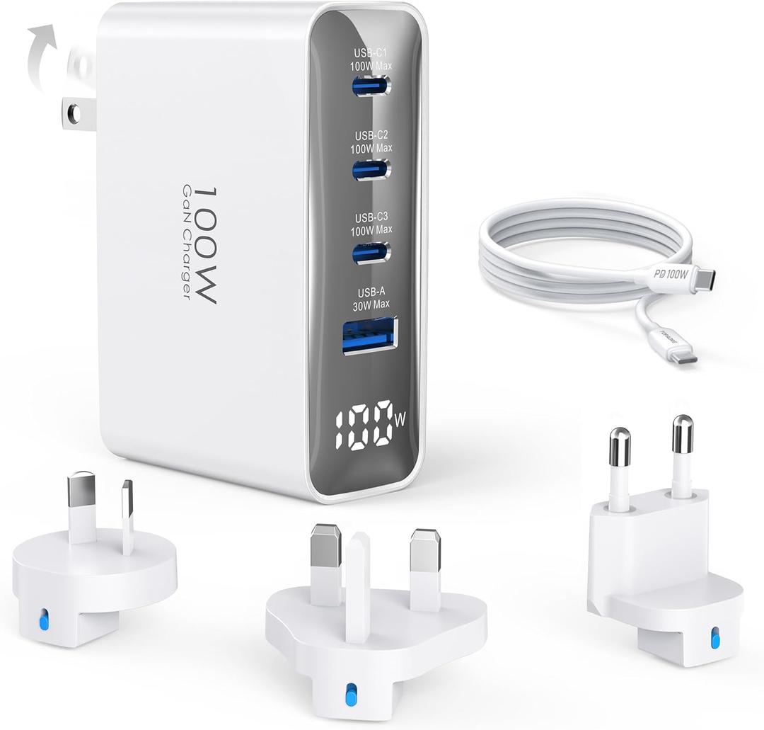 100W USB C Travel Charger, 4-Ports Foldable Travel Adapter Plug Converter with UK/EU/AU Plugs,Fast Charging for Macbook Pro/Air,for iPad Pro/iPhone 16/15 Pro Max, for 45w Samsung Galaxy, White