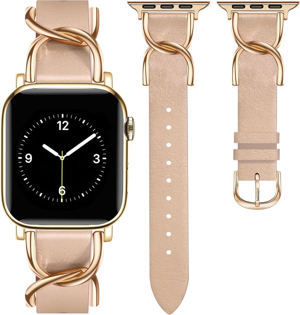 JR.DM Designer Leather Bands for Women,Dressy Fancy Cute Strap with Double U-Shaped Buckle Watch Bands for iwatch Compatible with Apple Watch Series 11/10/9/8/7/6/5/4/3/2/1 Ultra 1/2/3 SE 1/2/3 Champagne Rose Gold