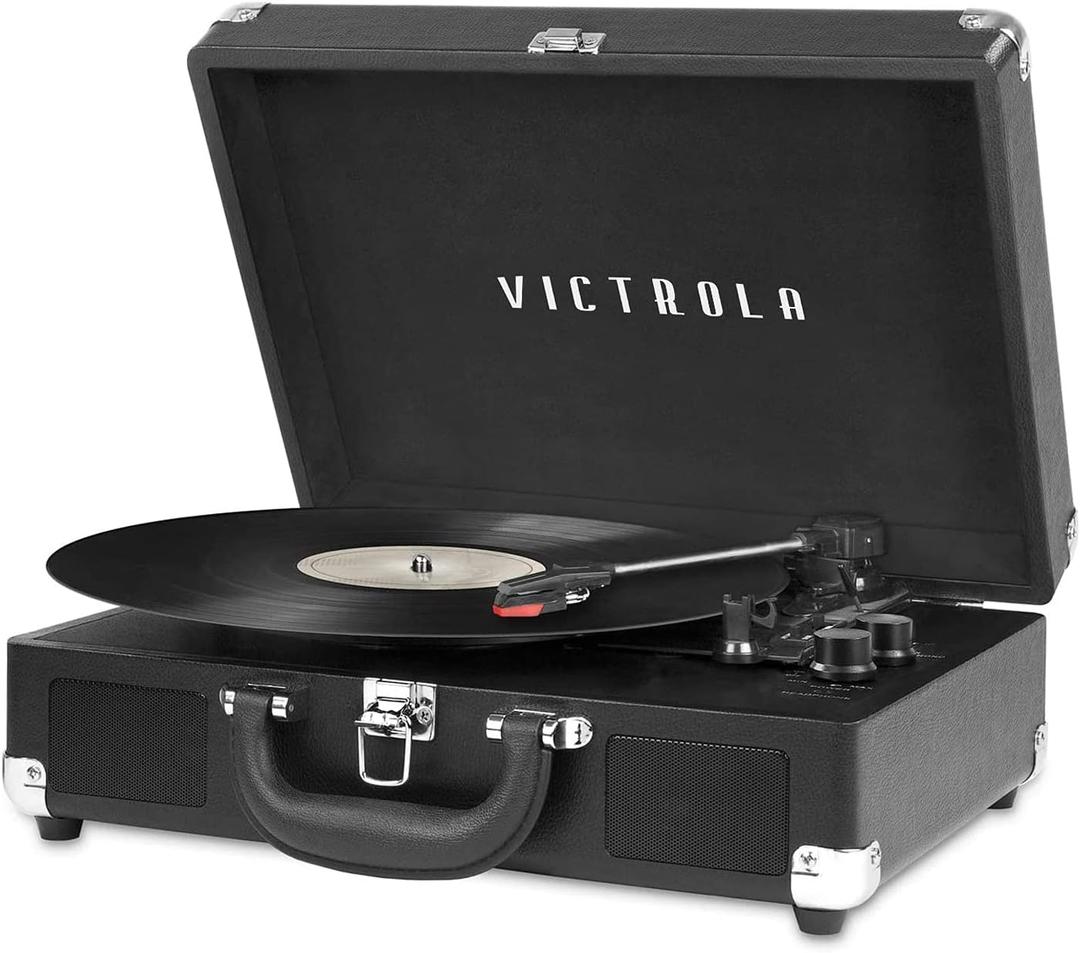 Victrola Journey Bluetooth Portable Suitcase Record Player  with Built-in Speakers, 3 Speed Vinyl Record Player, RCA Out, Headphone Jack (Black)