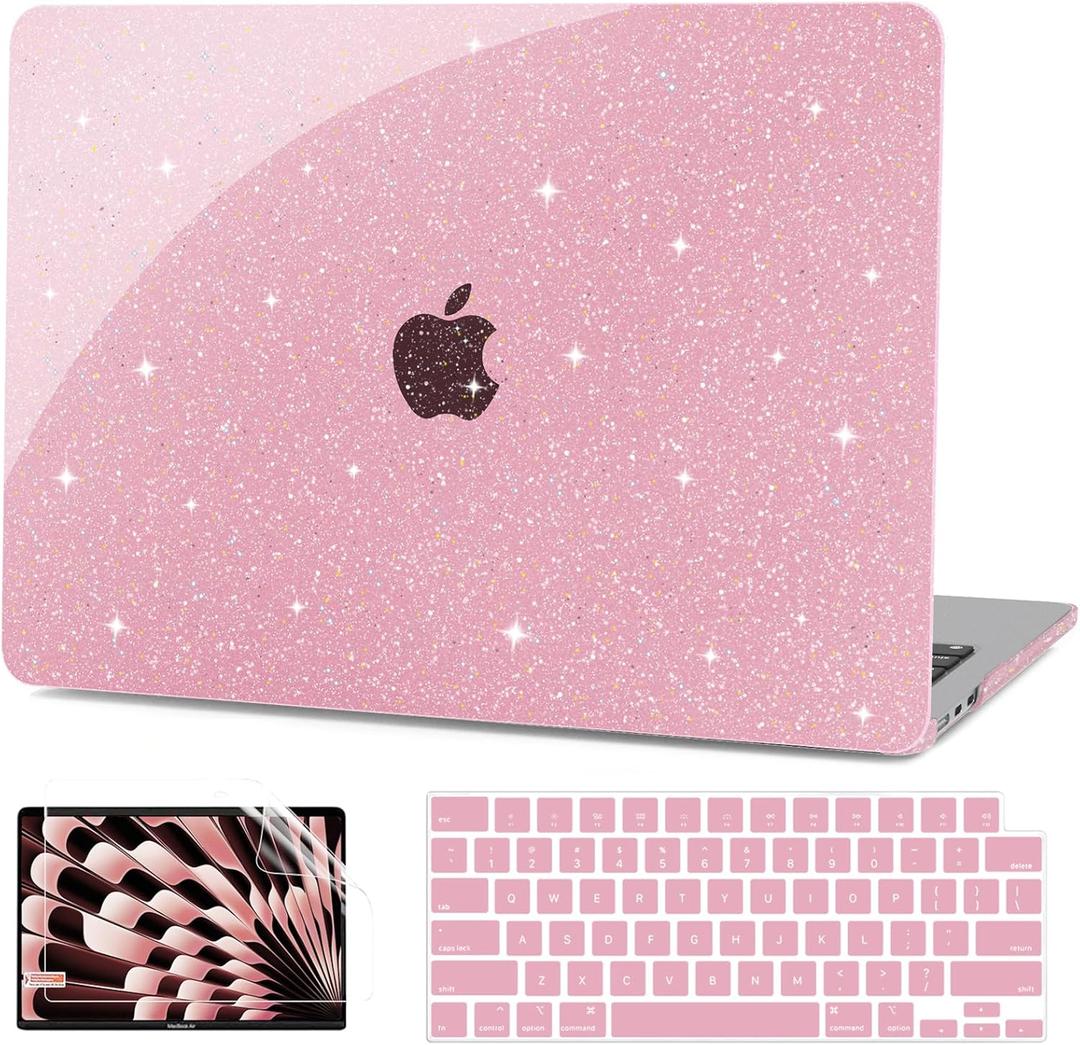 G JGOO Compatible with MacBook Air 13 inch Case 2026 2025-2022 M5 A3449 M4 A3240 M3 A3113 M2 A2681, Glitter Hard Shell for MacBook Air 13.6 inch Case + Keyboard Cover + Screen Protector, Sparkly Pink