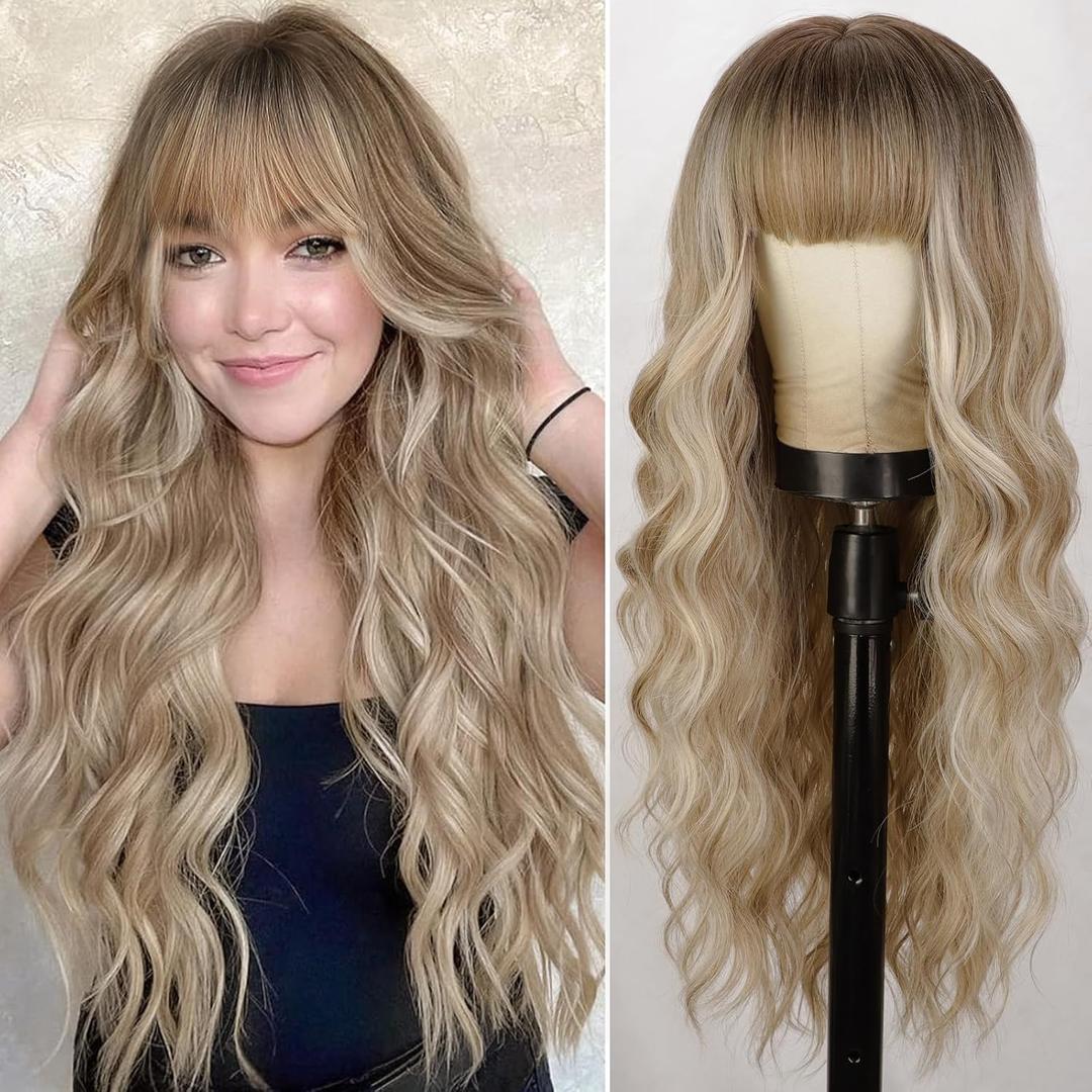 Lativ Dirty Blonde Wig With Bangs Long Wavy Curly Ombre Blonde Wig with Dark Roots Synthetic Heat Resistant Wigs for Women Daily Party Use 26 Inches