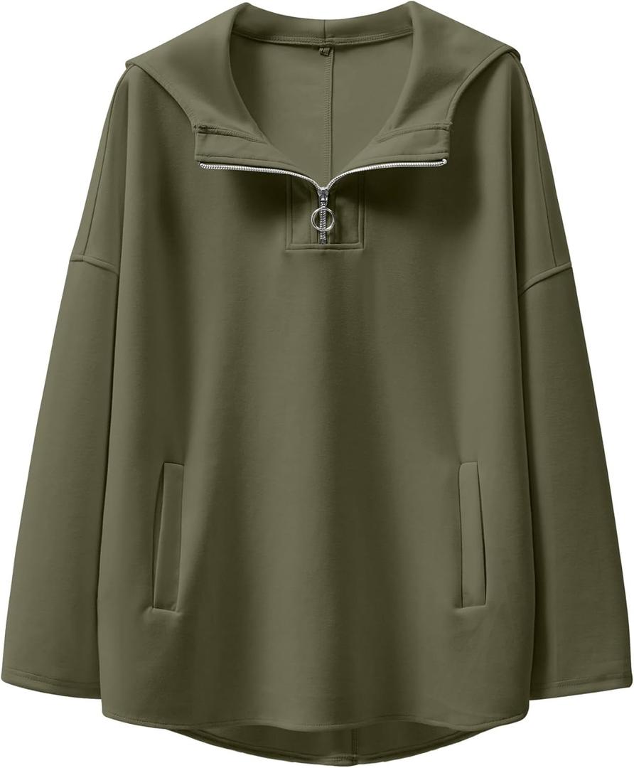 Womens Oversized Hoodie Quarter Zip Sweatshirts 2024 Fall Tunic Pullover Top Trendy Teen Girls Preppy Clothes (Medium, Olive)