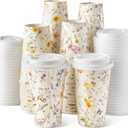 Nihuecne 50 Pack 16 oz Floral Disposable Paper Coffee Cups with Snap-on Lids, To Go Cute Flower Themed Cups for Hot & Cold Drinks, Elegant Party Supplies for Home, Office, Bar, Travel, Wedding, Party