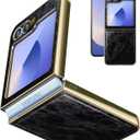 for Samsung Galaxy Z Flip 6 5G Case [PU Leather+Golden Hard PC Shell] Ultra Slim Lightweight, Stylish Durable Full Protective, Support Wireless Charging Cover for Samsung Galaxy Z Flip 6, Black