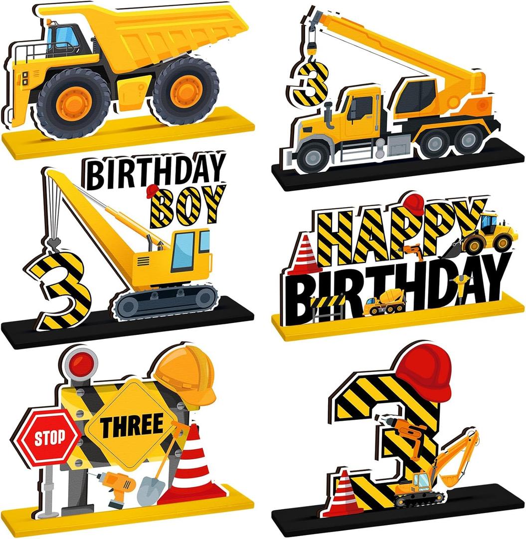 2 x 6 Pcs Construction Birthday Party Wooden Table Centerpiece Yellow Truck Construction Sign Wood Excavator Table Topper Decorations for Baby Shower Truck Birthday Party Supplies