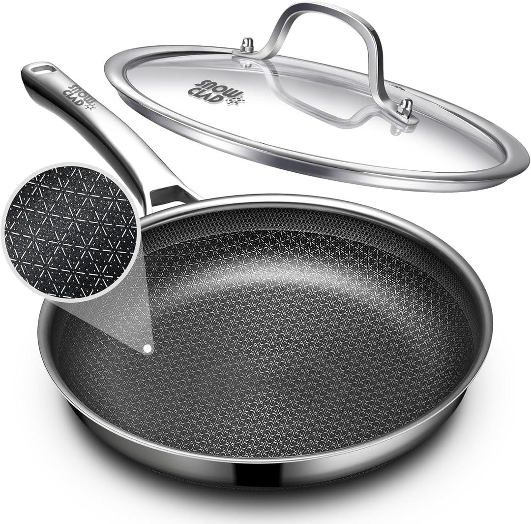 OATOFP Non Stick Frying Pans 12 inch, Hybrid Improved Version Frying Pans Nonstick with Lid,non stick Stainless Steel Skillets, Dishwasher and Oven-Safe Chef Pan, PFOA Free Cookware Improved Version