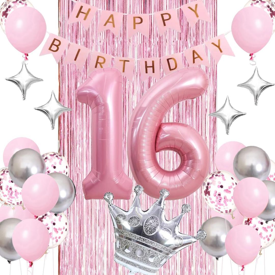 Sweet 16th Birthday Decorations Pink, Happy Birthday Decorations for Girls Pink Silver Balloons Number 16 Balloons,Fringe Curtain, Crown Balloon, Star Balloon for Her Girl 16th Birthday Princess Party
