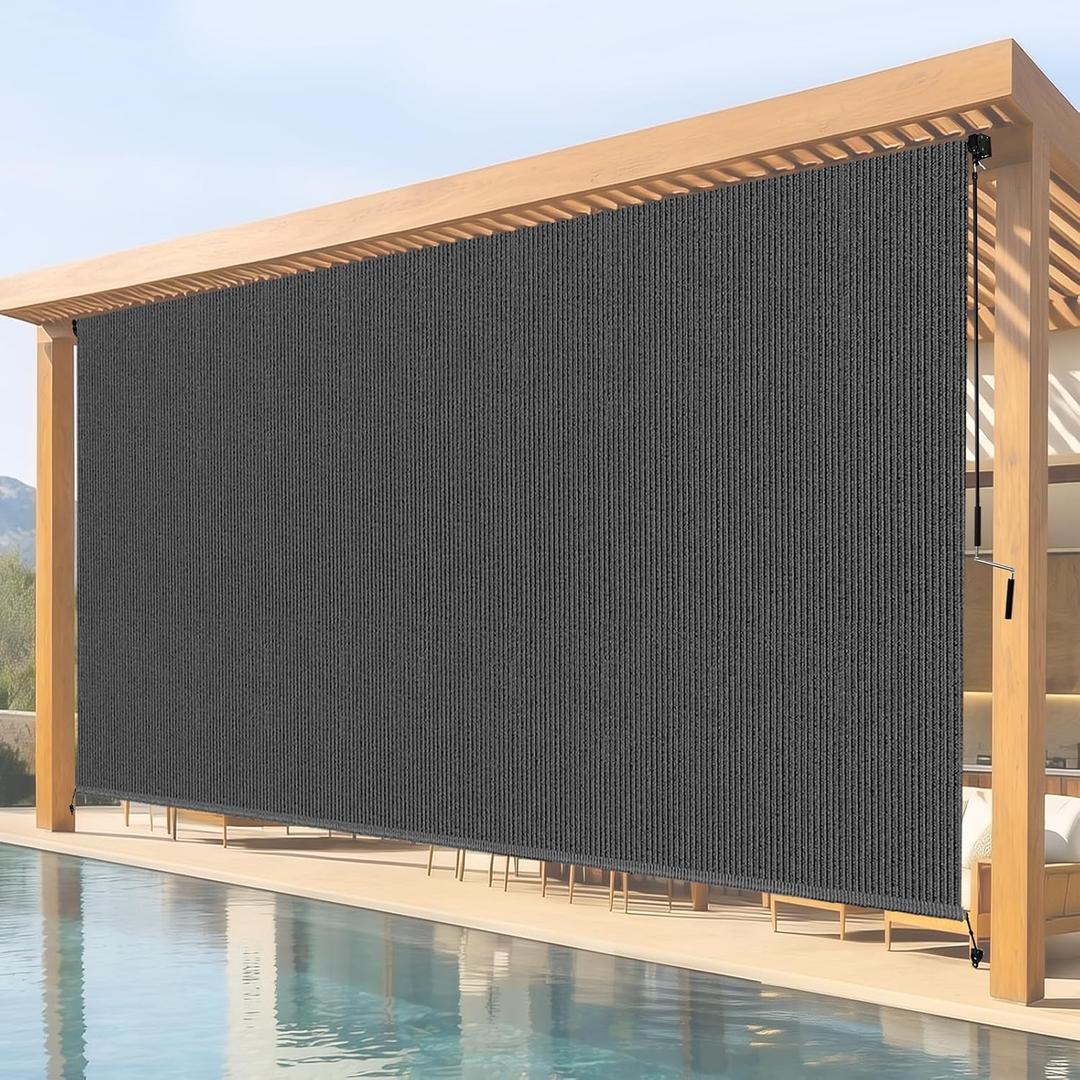10'W x 8'H Gray Outdoor Roller Shade with Crank Wand Patio Shades Roll up, Privacy Protection & UV Blocking for Pergola | Gazebo