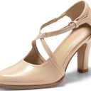 Coutgo Women's Pointed Toe Chunky High Heel Pumps (6.5, Nude)
