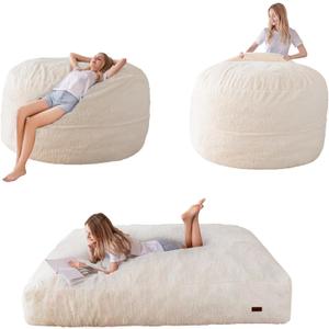 MAXYOYO Giant Bean Bag Chair Bed for Adults, Convertible Beanbag Folds from Lazy Chair to Floor Mattress Bed, Large Floor Sofa Couch, Big Sofa Bed, High-Density Foam Filling, Machine Washable (Full, Beige)