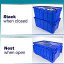 IDL Packaging 18-Gallon Industrial Plastic Tote with Hinged Lids, Pack of 3 | Heavy-Duty Blue Large 27"L x 17"W x 12" H Container for Warehouses, Garages, and Home Storage