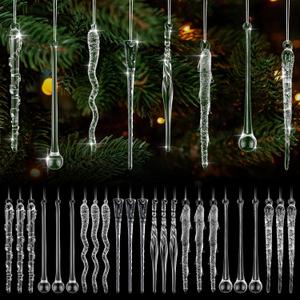 24 Pcs Glass Icicle Teardrops Ornament for Christmas Tree Crystal Handmade Clear Icicles Hanging Icicle Winter Decoration for Xmas Winter Holiday Wedding Party Decor (5.9 Inches)