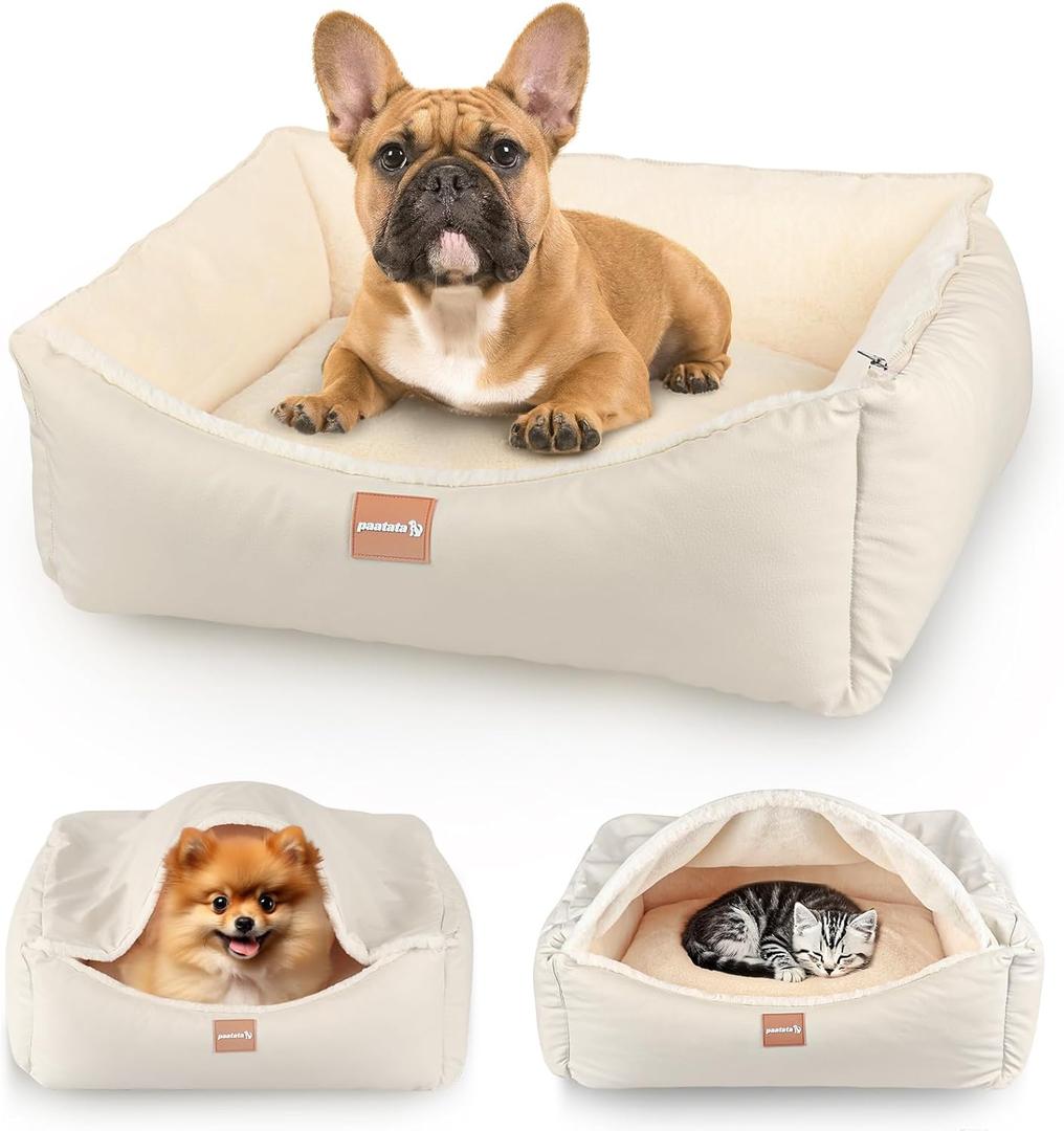 Calming Dog Bed for Medium Dogs,All-Season Leather,Non-Slip One-Key Detachable Washable Dog Bed for Dogs Cat Pet Beds with Sides and Cover (White, Medium)