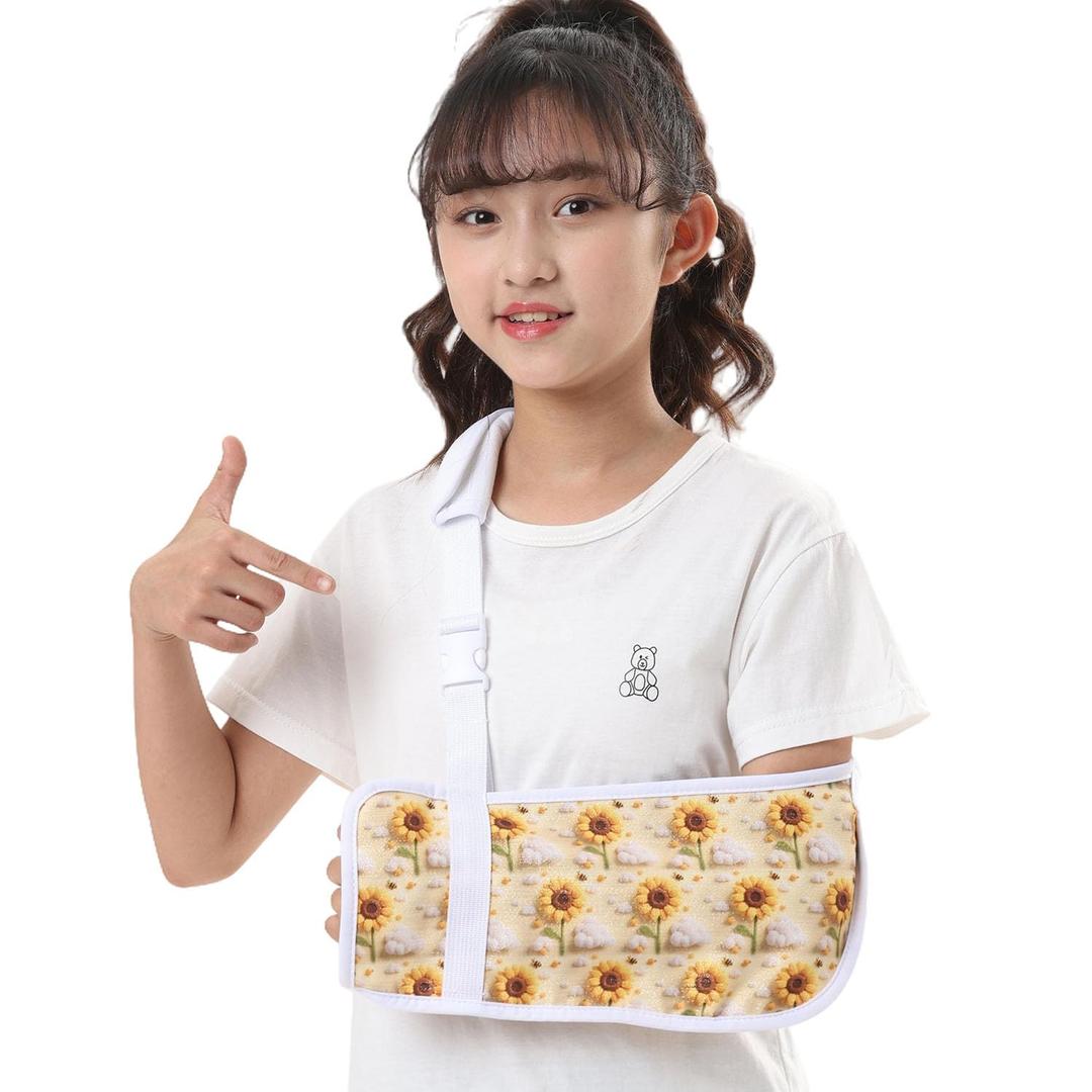 Kids Print Arm Sling, Adjustable Breathable Support for Girls with Broken Arm, Shoulder Injury, Post-Surgery, Lightweight, Left/Right (Yellow Sunflower, Large)