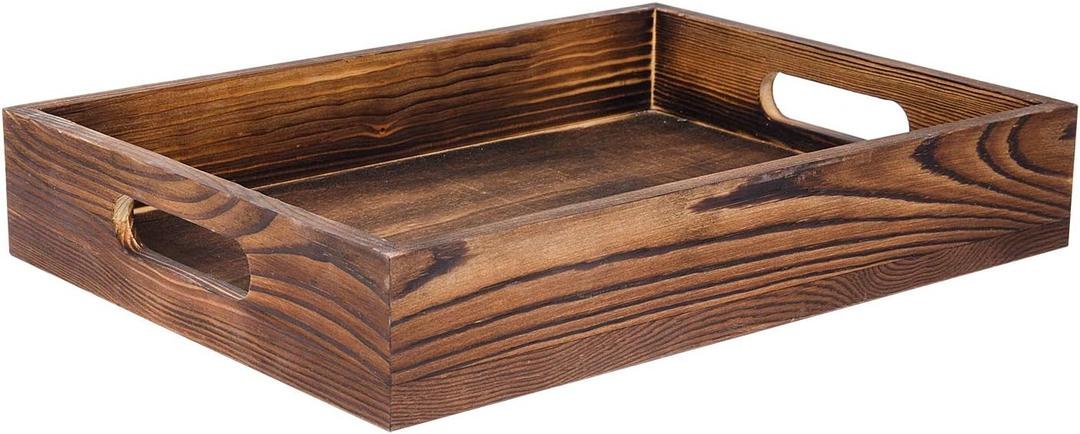 Rustic Brown Wood Food Serving Tray Cutout Handles Breakfast in Bed Coffee Wine Rectangular Ottoman Nesting Crate Tabletop Storage Box Desktop Document Holder Party Office Home Kitchen