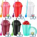 6 Set Slushie Cups with Dome Lids and Straws Detachable Spoon Straws Reusable Plastic Iced Coffee Cups Smoothie Tumbler for Birthdays Summer Party Supplies(Multi Color,16 oz)