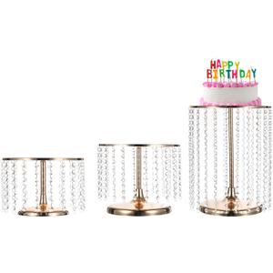 uxcell 3pcs Metal Cake Stand with Crystal Bling Pendants, Round Dessert Cupcake Display Plate for Wedding Event Birthday Party Dessert Table, Gold
